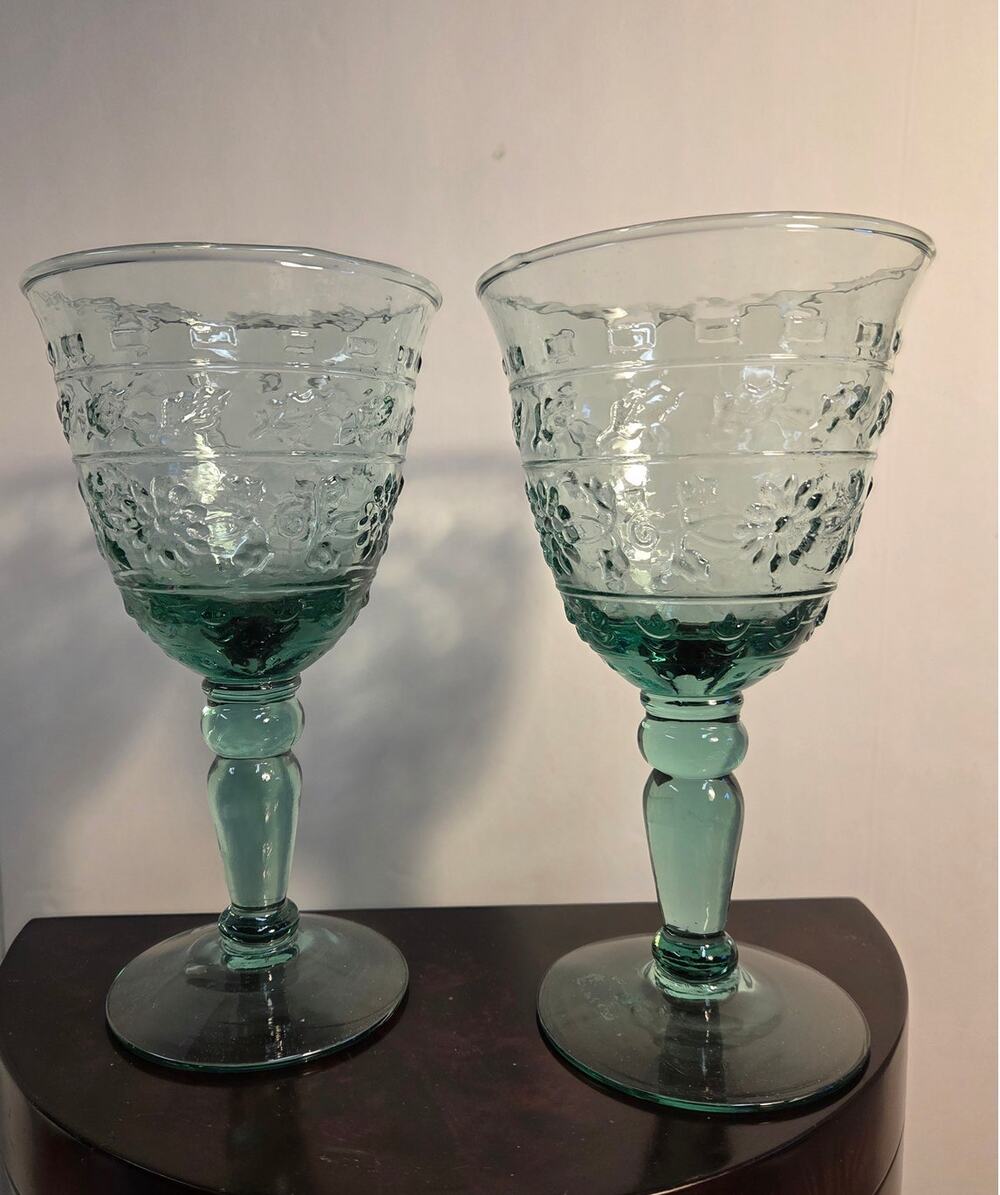 Two Mikasa Tender Leaves Wine / Water Goblets. Green MCM Pressed Glass; 7.5"